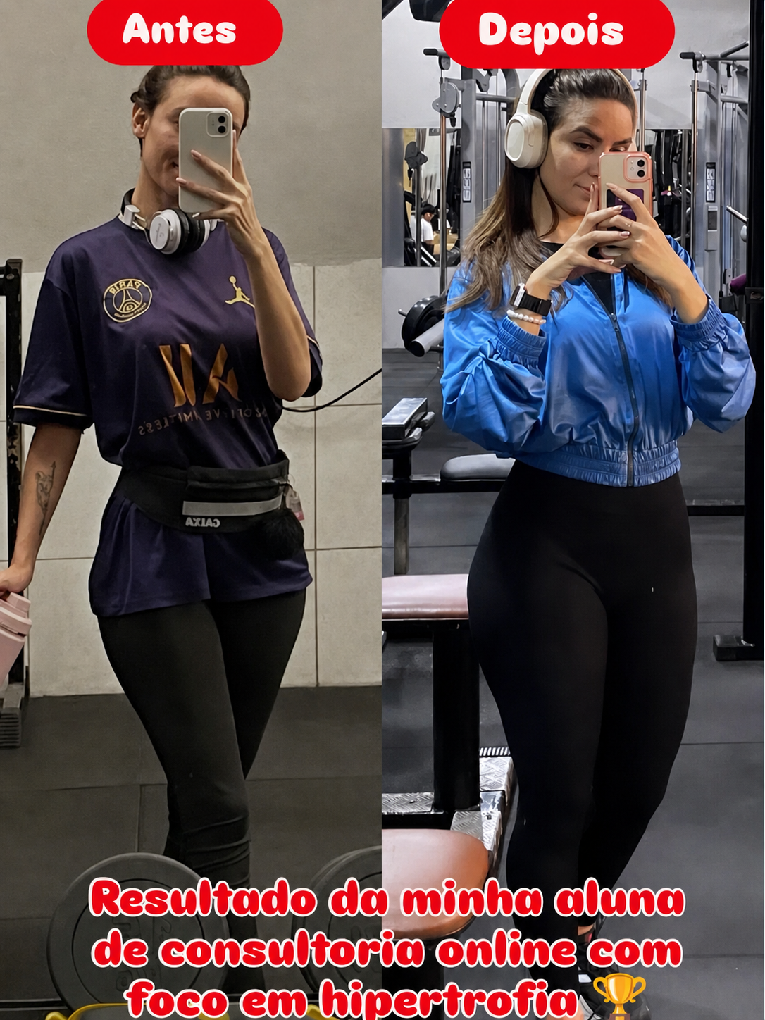 Comparação de evolução física feminina antes e depois em consultoria online