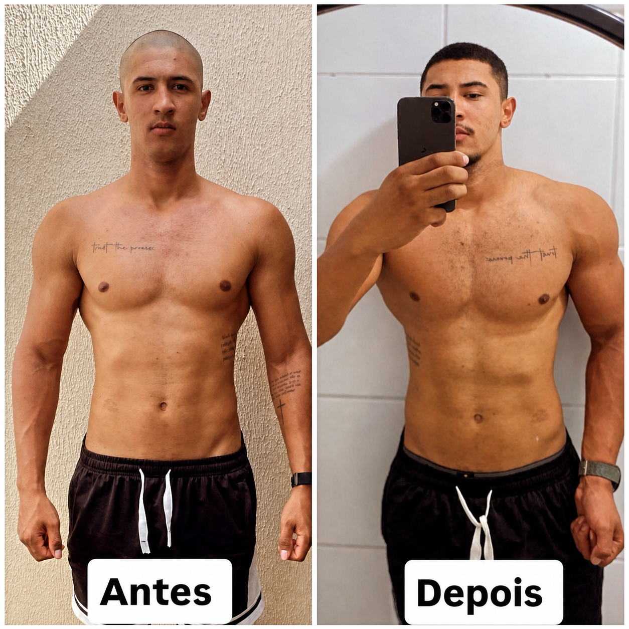 Comparação de evolução física masculina antes e depois